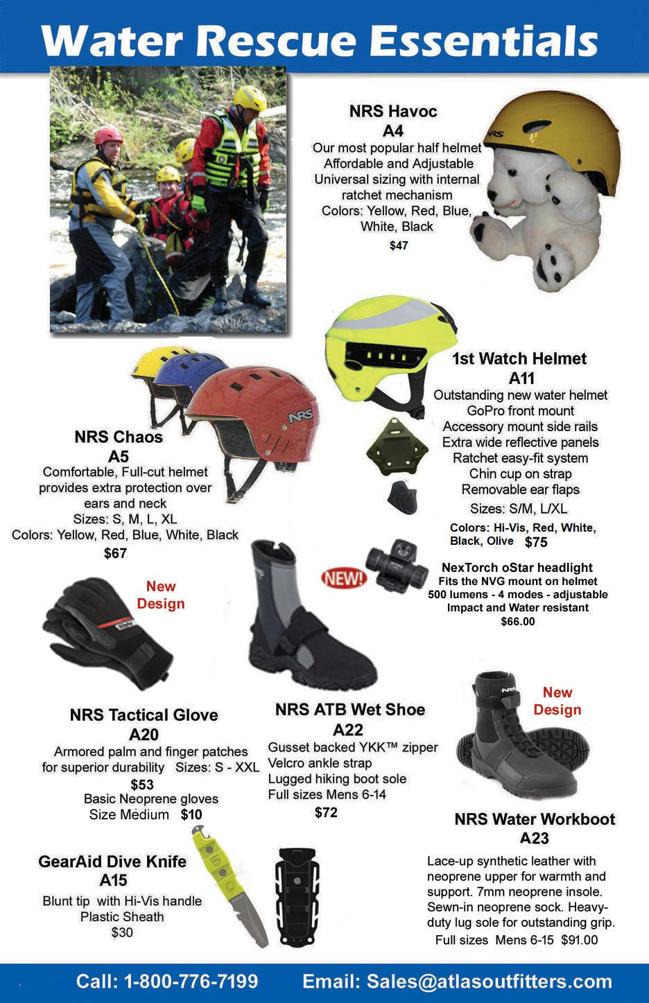 water rescue helmets, boots, gloves, knife