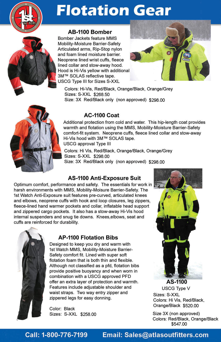 First Watch flotation coat, jacket, bibs and worksuit
